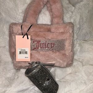 Juicy Couture Pink Faux Fur Mini Tote Rhinestone Logo Y2K Bag + Coin Purse